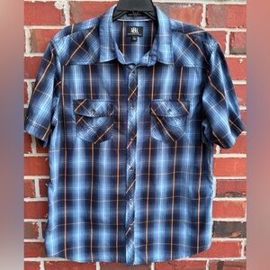 Rock & Republic Men’s XL Blue & Orange Plaid Button Up Short Sleeve Shirt A1
